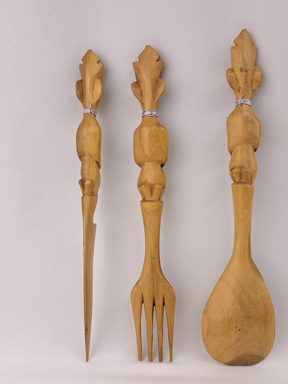 Hand-Carved Wooden Salad Servers Set - Natural Brown